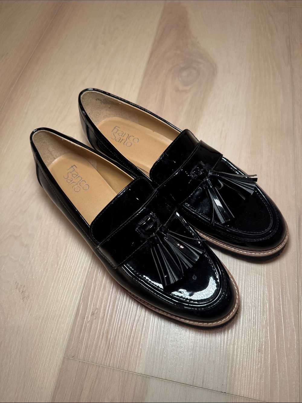 Franco Sarto Black Patent Tassel Loafers with Gloss Finish